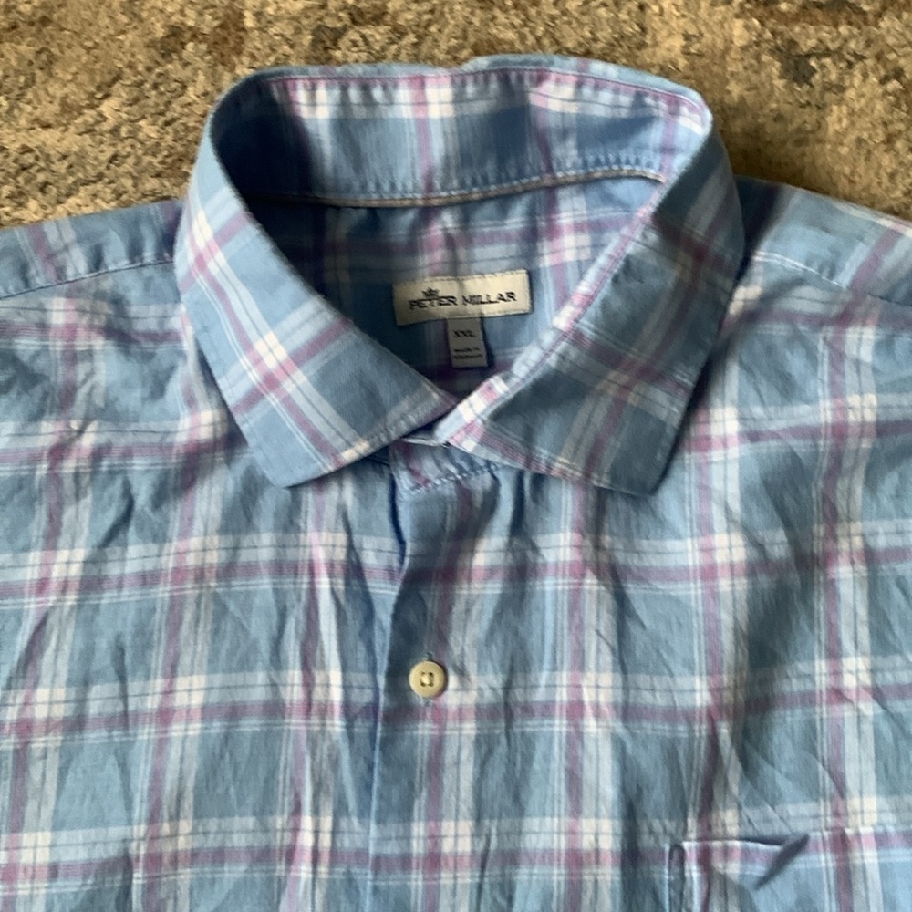 Peter Millar plaid blue pink button down dress shirt size XXL cotton pocket